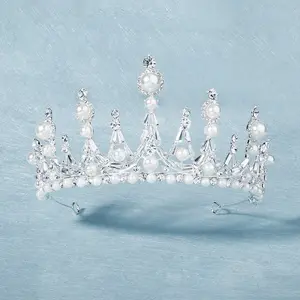 Bester Preis Luxus Weiß Süßwasser Perle Strass Elegante Braut Hochzeit Krone Frauen Big Crystal Tiara Krone
