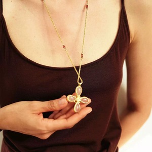 Collana Lunga Estiva in Cristallo <span class=keywords><strong>Rosa</strong></span> con <span class=keywords><strong>Croce</strong></span> e <span class=keywords><strong>Rosa</strong></span> Lava - Product Image 6