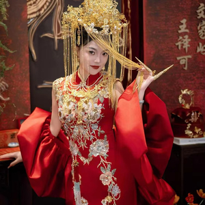 slim fit dress slacks Red Sequin Wedding Qipao with Gold Flowers – Oriental Me main image 1