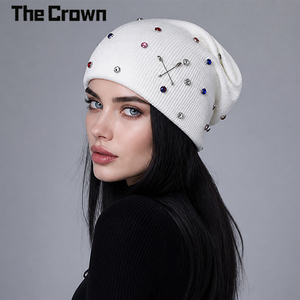 Gorro de Punto Holgado con Decoración de Diamantes de Imitación de Alta Calidad, Personalizado al por Mayor, Cálido para Invierno, Color Blanco, Unisex - Product Image 3