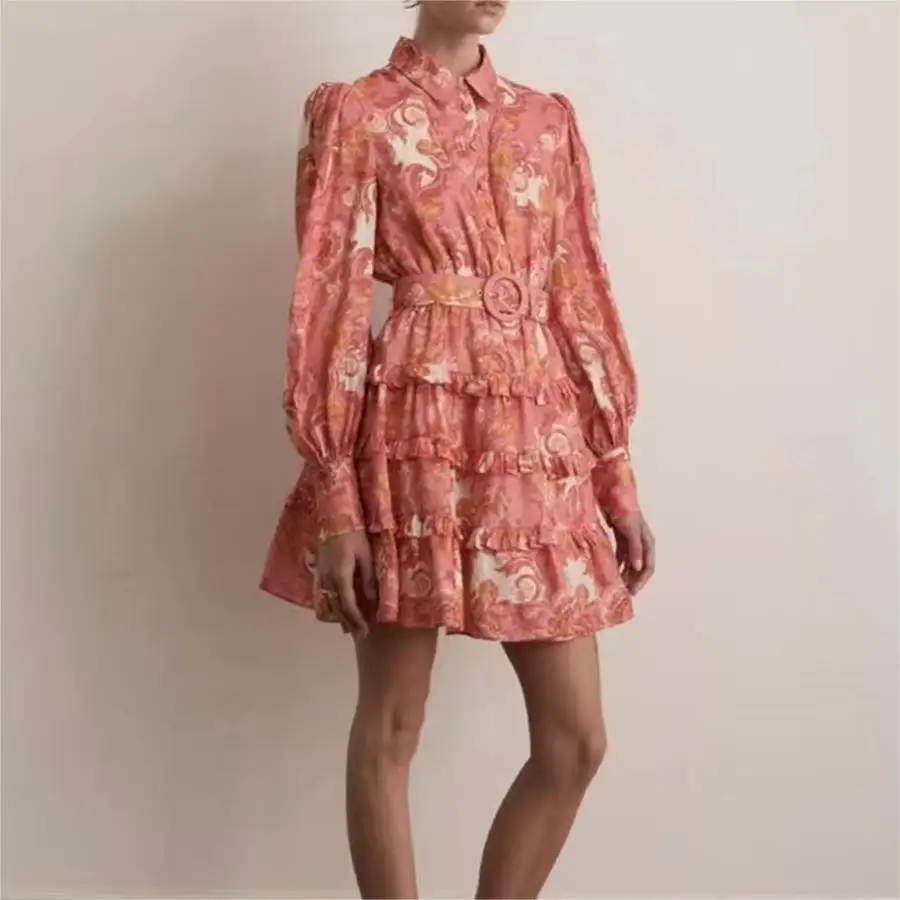 Spring Style French Retro Style Slim Waist Cake Dresses Temperament Lapel Shirt Long Sleeves Printed Short Dress Women