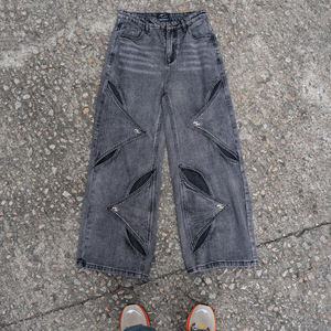 Jeans de Mezclilla Anchos con Parches Grises <span class=keywords><strong>para</strong></span> Hombre, Estilo Casual Urbano, Cintura Media, Estilo Boyfriend, Lavado Claro de Verano, Botones con Diamantes, a la Moda - Product Image 1