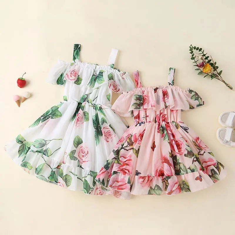 2023 Summer Hot Sale Fashion Suspender Off Shoulder Chiffon Flower Print Korean Kids Princess Dresses Girls Floral Dress