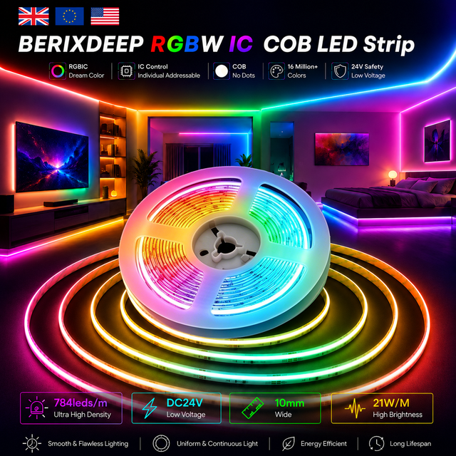 BERIXDEEP RGBW IC 784leds/m 24V 10mm COB LED Strip Smart Dynamic Multicolor Changing WS2811 Addressable for Indoor Decoration