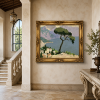 Pintura al Óleo de Paisaje Mediterráneo Vintage sobre Lienzo, Hecha a Mano, Tamaño Personalizado, con Marco Dorado, Arte de Pared para Decoración de Sala de Estar