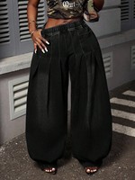 Pantalon plissé bleu à jambe large, taille élastique et franges, style européen, grande taille, coupe oversize, vintage, écologique, lavage enzymatique, collection 2026