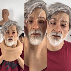 Masque de tête en silicone pour homme, accessoire de cosplay, masque de homme élégant très extensible et doux avec cheveux et barbe grisonnantes et blanches intégrées - Product Image 5