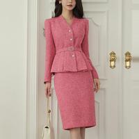 Ensemble 2 pièces coréen en tweed rose pour femme : jupe mi-longue unie décontractée en polyester pur et blazer à col en V avec ceinture boutonnée