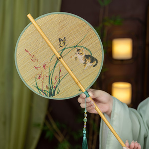 <span class=keywords><strong>Abanico</strong></span> de Mano Plegable Redondo de Bambú Vintage, <span class=keywords><strong>Abanico</strong></span> Oriental de 8 Pétalos con Diseño de Flores y Pájaros, con Patrones Auspiciosos, <span class=keywords><strong>Abanico</strong></span> de Cintura de Bambú Natural - Product Image 4