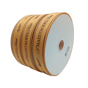 Op maat gemaakte cadeau-inpaklintrol, gerecycled 100% polyester grosgrain lint met 3D reliëf hete folie bedrukking gouden logo - Product Image 3