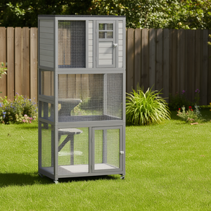 Maison pour chat d'extérieur gris clair, 74 pouces de hauteur, cage pour chat à grande capacité, design rectangulaire moderne, utilisable toute l'année - Product Image 2