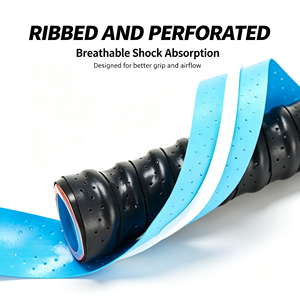 Bande adhésive pour raquette de badminton côtelée et perforée en PU respirant, absorption des chocs, noire avec bande bleue - Product Image 1