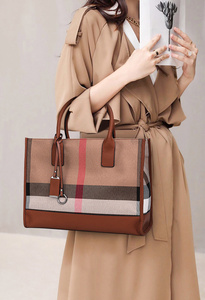 Cổ điển retro công suất lớn của phụ nữ giản dị Totes túi vải + da kiểm tra sọc vai Túi cặp sang trọng Crossbody Túi - Product Image 3