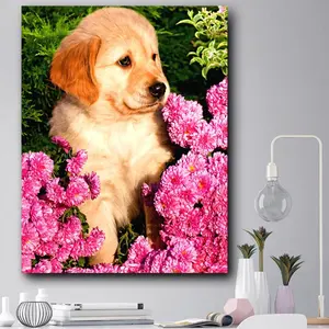 犬と花DIY5dダイヤモンド絵画フルドリルダイヤモンド刺Embroidery家の壁の装飾ギフト