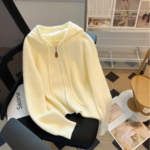 Women Hooded <b>Zipper</b> Knit Cardigan Loose Fit Solid Color Early Autumn <b>Top</b> Anti-Pilling Design - Product Image 1