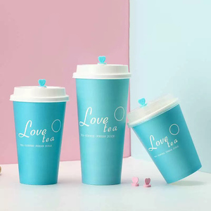 Taza de café desechable con tapa, taza de papel con patrón azul grueso de pared simple, logotipo personalizado, 8oz, 12oz, 16oz - Product Image 4