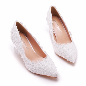 BS055 scarpe da sposa sposa 6.5cm 9.5cm <span class=keywords><strong>tacco</strong></span> quadrato pizzo <span class=keywords><strong>bianco</strong></span> <span class=keywords><strong>con</strong></span> perle scarpe Mariage festa damigella moda calzature - Product Image 3