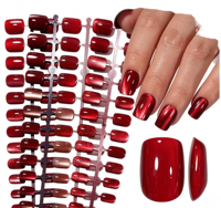 Lot de 24 faux ongles autocollants personnalisés effet yeux de chat pailletés, courts, carrés, brillants, en gel, à presser, pour doigts