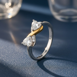 Bague en argent sterling S925 avec nœud papillon et deux cœurs en moissanite, design bicolore, bijou de promesse de mariage, cadeau pour femme - Product Image 4