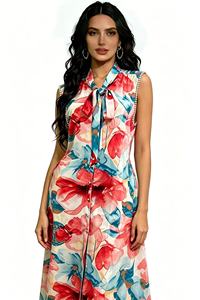 Robe d'été sans manches à fleurs pour femme, jupe midi élégante boutonnée et cintrée à la taille pour les vacances et le quotidien - Product Image 1