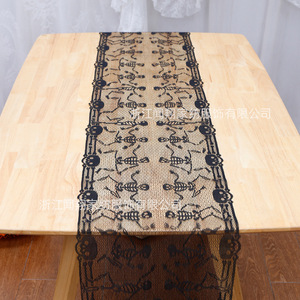 Camino de mesa rectangular de poliéster con encaje negro y calaveras para Halloween, decoración de interiores - Product Image 2