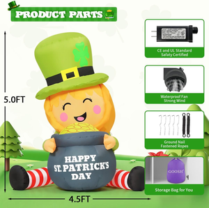 Leprechaun gonflable géant de 5 pieds pour la Saint-<span class=keywords><strong>Patrick</strong></span> avec pot de pièces d'or et lumières LED intégrées, en polyester 190T, décoration extérieure - Product Image 6