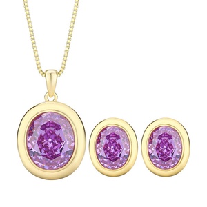 High Quality Eco-friendly Copper Oval Cut 10*12-7*9mm Purple Zircon Gold Plated Bezel Setting Necklace <b>Earrings</b> <b>Set</b> Jewelry <b>Set</b> - Product Image 1