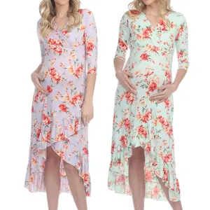 Одежда для беременных с цветочным принтом эластичное платье средней длины с оборками для беременных и кормящих матерей с рукавами 3/4