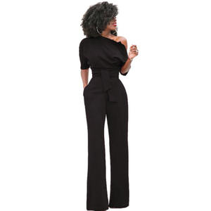 Sexy un hombro sólido Casual mamelucos mujer <span class=keywords><strong>mono</strong></span> verano sin mangas cinturón pierna ancha elegante señora nuevo tamaño Bodycon monos - Product Image 3