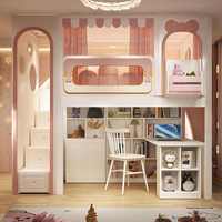 Cama litera infantil moderna con temática de princesa, con tobogán, escaleras con almacenamiento, cajones, estantería, escritorio, muebles para dormitorio infantil para niña