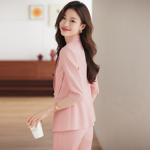Pink Women's Suit Set Three Quarter Sleeve Polyester Anti-Wrinkle Elegant Spring Wear - Product Image 4