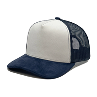 Casquette de camionneur unisexe à 5 panneaux en maille et daim, personnalisable avec logo, broderie sur mesure, respectueuse de la peau