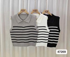 Suéter sin mangas de lana para mujer y chaleco de punto a rayas con cuello en V, transpirable, minimalista y casual para uso diario - Product Image 6