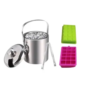 Hot sale LFGB good quality double wall 304 stainless steel ice bucket with tong lid and silicone ice cube mold tray