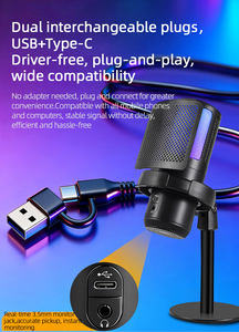 Set de Micrófono USB GAM-ZX798 para <span class=keywords><strong>PC</strong></span>, Micrófono de Condensador con Control de Ganancia, Luz Ambiental Colorida, Rejilla Antisalpicaduras y Brazo, Micrófono RGB USB para Juegos - Product Image 2