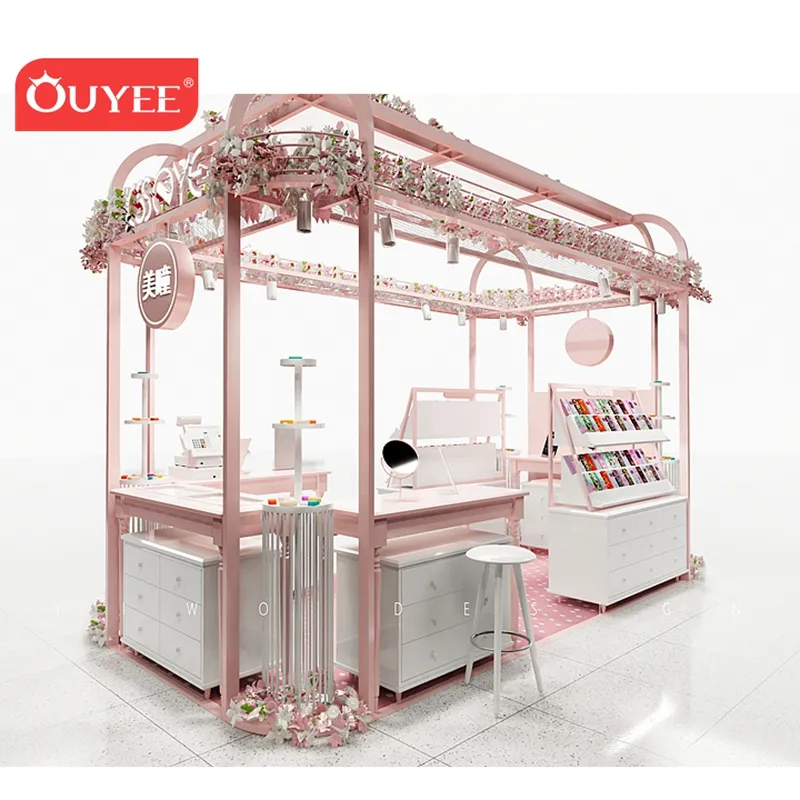 Kiosko de maquillaje personalizado, muebles de madera, diseños, escaparate de exhibición de cosméticos para la venta