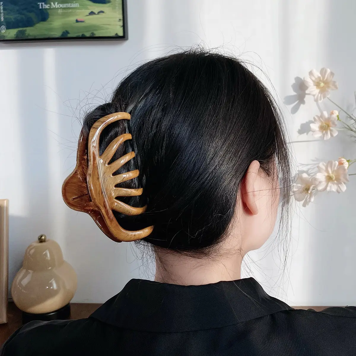 BSCI fabbrica YHJ francese grano di legno grandi capelli artiglio clip per capelli spessi di lusso delle donne in resina di plastica clip per capelli artiglio