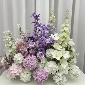 OEM結婚式の廊下の装飾シルク生地白と紫の花の列造花結婚式の通路ランナー