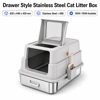 Bac à litière pour chat en acier inoxydable, style tiroir, fermé, avec poignée, facile à nettoyer, grande capacité, porte à bascule, support pour pelle, OEM