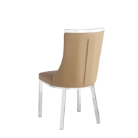 Chaise de salle à manger à dossier incurvé, revêtement en similicuir brun clair, pieds en métal argenté, chaise de banquet pour hôtel
