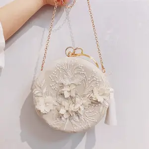 New fashion round embroidery antique clutches design women clutch money hand bag wedding purse evening armpit bags party