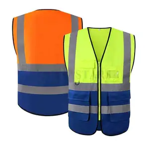 Grosir Logo Kostum Konstruksi Rompi Hi Vis Oranye dan Biru Rompi Keselamatan Reflektif untuk Pakaian Kerja Keamanan