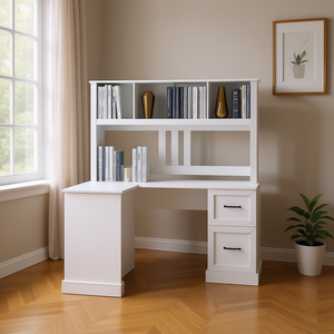 Escritorio de Computadora para Oficina en Casa con Estante Superior, Acabado en Madera Blanca Envejecida, Diseño Elegante - Product Image 2