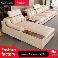 Canapé d'angle en cuir véritable minimaliste moderne avec rangement, structure en bois massif, revêtement en cuir de vachette première couche, pour salon