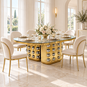 Mesa de Banquete Ovalada de Lujo con Espejo de Acero Inoxidable Dorado y Base Decorativa con Pedestal Tachonado para Eventos y Bodas - Product Image 2