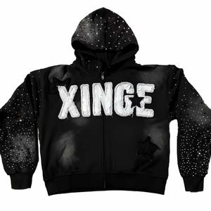 Nueva Chaqueta con Capucha de Algodón 100% de 500 Gsm, Estilo Oversize, con Cremallera, Diseño Distressed, Parches y Lavado Ácido, con Pedrería, Estilo Urbano, Colección 2026 - Product Image 1