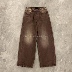 Fabricant de jeans en denim sur mesure, jeans en denim épais à taille mi-haute, jeans vintage marron délavé, jeans baggy pour hommes - Product Image 1