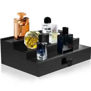 豪华3层木质香水盒收纳器，带毛毡衬里抽屉和隐藏式隔层香水展示架