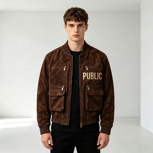 OEM Custom Flat Embroidery Multi-Pocket <b>Suede</b> <b>Jacket</b> Stand Collar Zipper Regular Fit Autumn Wear Silicone Print <b>Men's</b> <b>Jacket</b> - Product Image 3
