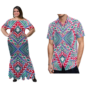 Robes sirène superposées à volants aux épaules pour femmes, vertes et bleues, motif tribal polynésien hawaïen, et chemise Aloha pour hommes grandes tailles - Product Image 4